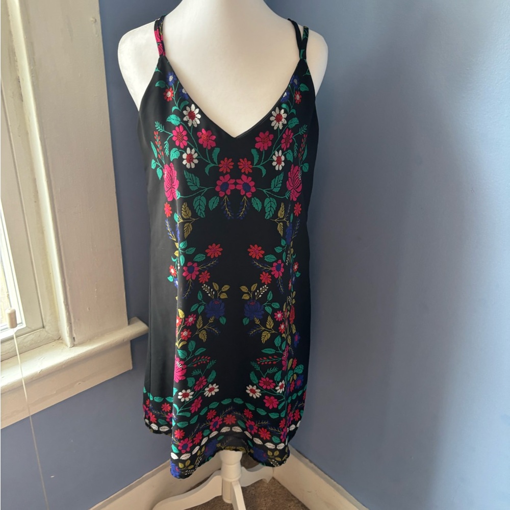 Xhilaration Black Mini Dress with Colorful Floral Design